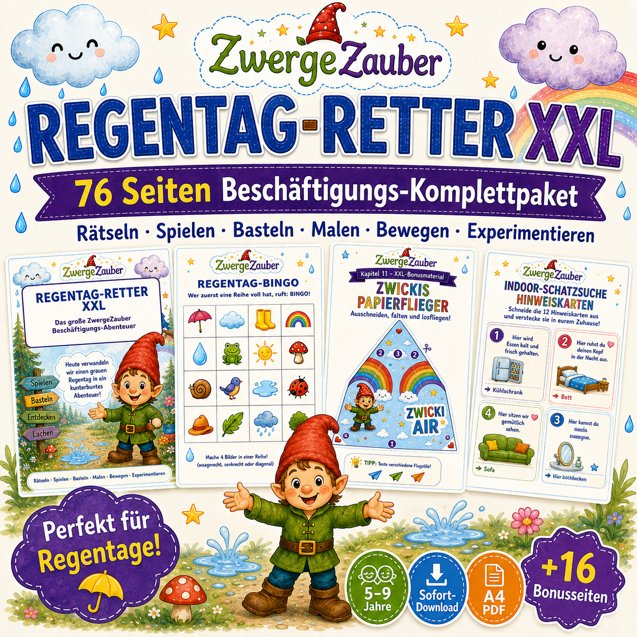 Regentag-Retter XXL von ZwergeZauber mit 76 Seiten Beschäftigung für Kinder, 16 Bonusseiten, Zwicki dem Zwerg und Sofort-Download als PDF.