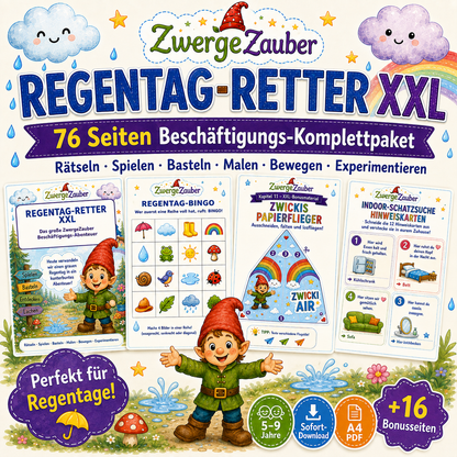 Regentag-Retter XXL von ZwergeZauber mit 76 Seiten Beschäftigung für Kinder, 16 Bonusseiten, Zwicki dem Zwerg und Sofort-Download als PDF.