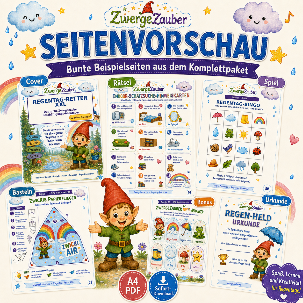 Seitenvorschau vom Regentag-Retter XXL mit bunten Beispielseiten, Rätseln, Spielen, Bastelideen und Beschäftigung für Kinder.