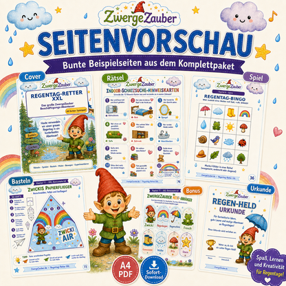 Seitenvorschau vom Regentag-Retter XXL mit bunten Beispielseiten, Rätseln, Spielen, Bastelideen und Beschäftigung für Kinder.