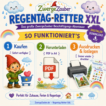 Regentag-Retter XXL Anleitung mit Kaufen, Herunterladen, Ausdrucken und Loslegen als digitaler PDF-Download für Kinder.