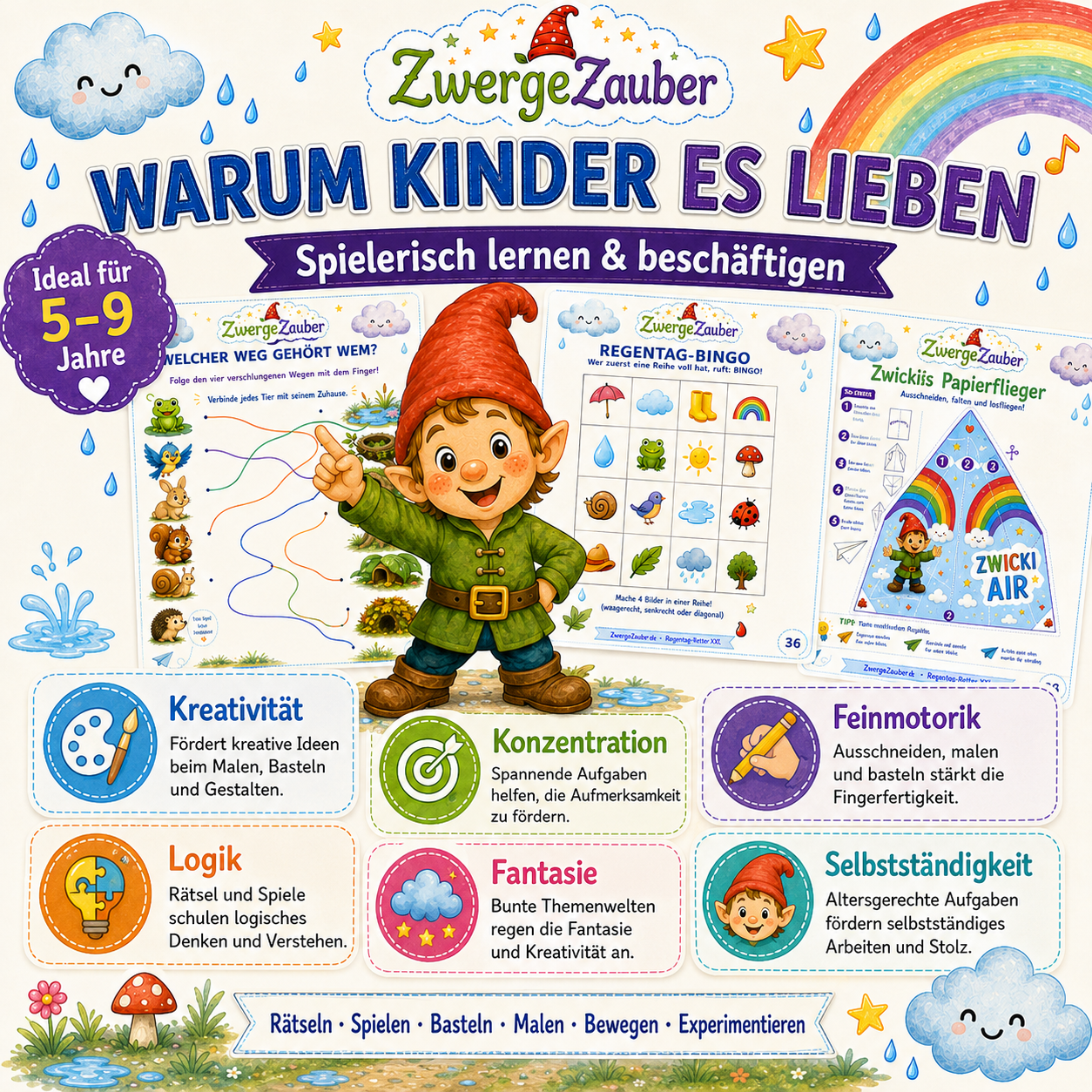 Regentag-Retter XXL fördert Kreativität, Konzentration, Logik, Fantasie und spielerische Beschäftigung für Kinder von 5 bis 9 Jahren.