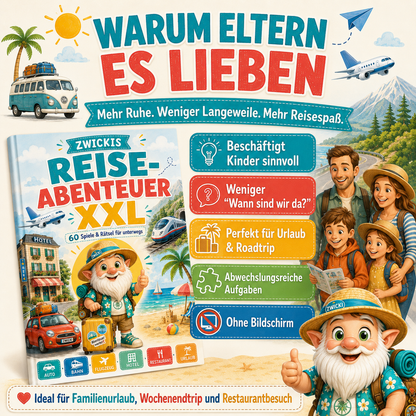 Reisespiele und Beschäftigung für Kinder im Familienurlaub bei Auto, Bahn, Flugzeug, Hotel und Restaurant