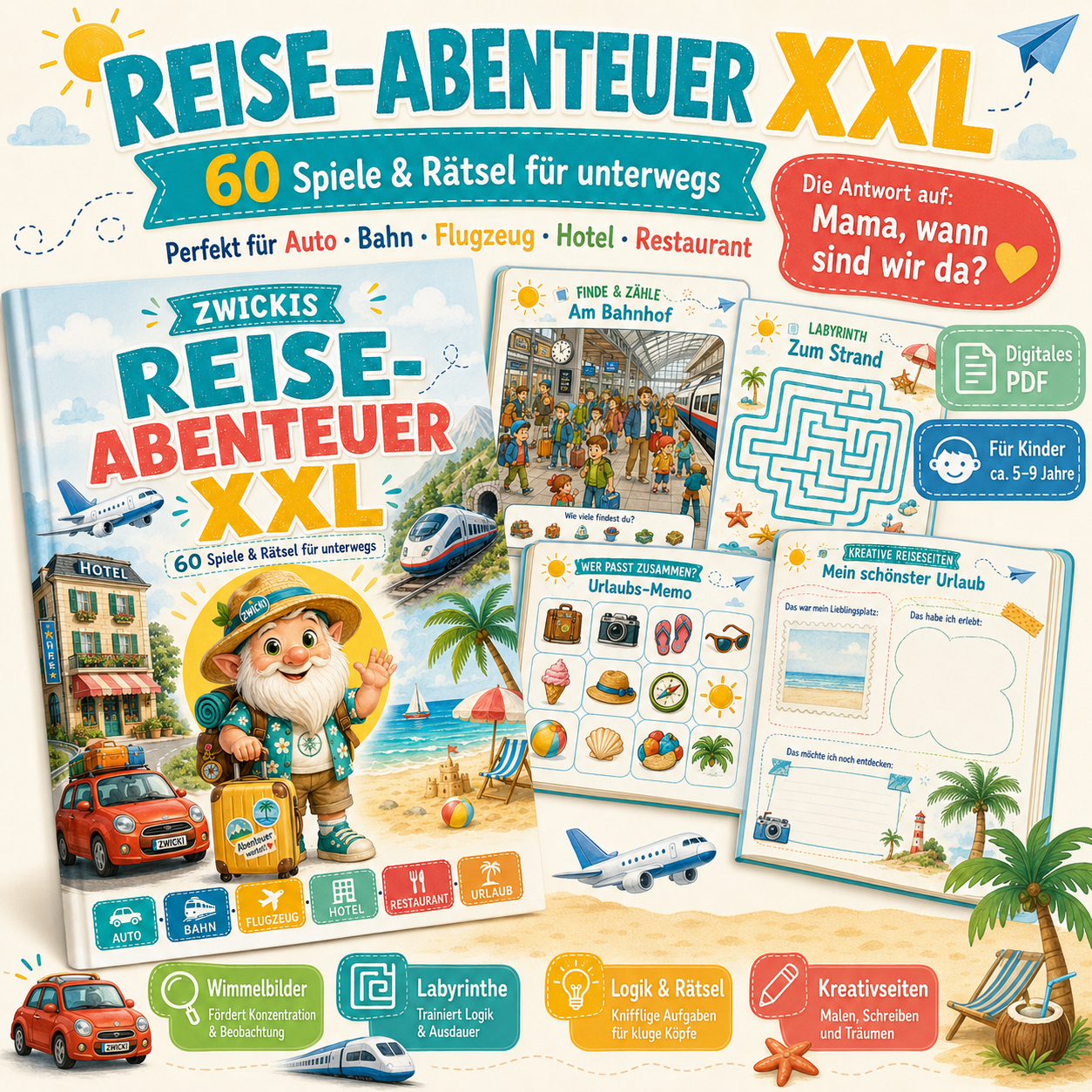 Reise-Abenteuer XXL für Kinder mit 60 Reisespielen und Rätseln für Auto, Bahn, Flugzeug, Hotel und Urlaub