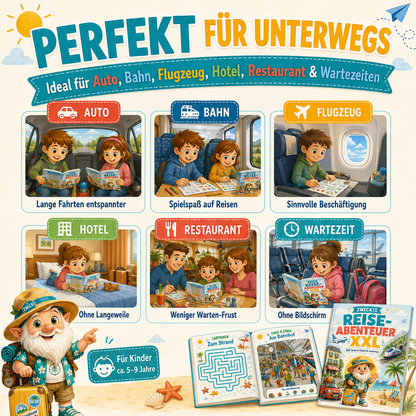 Kinder Beschäftigungsheft für unterwegs mit Spielen und Rätseln für Autofahrt, Bahnreise, Flugreise und Urlaub