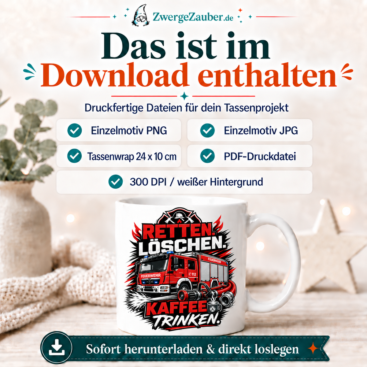 ZwergeZauber Tassendesign Retten. Löschen. Kaffee trinken – Verkaufsbild 2