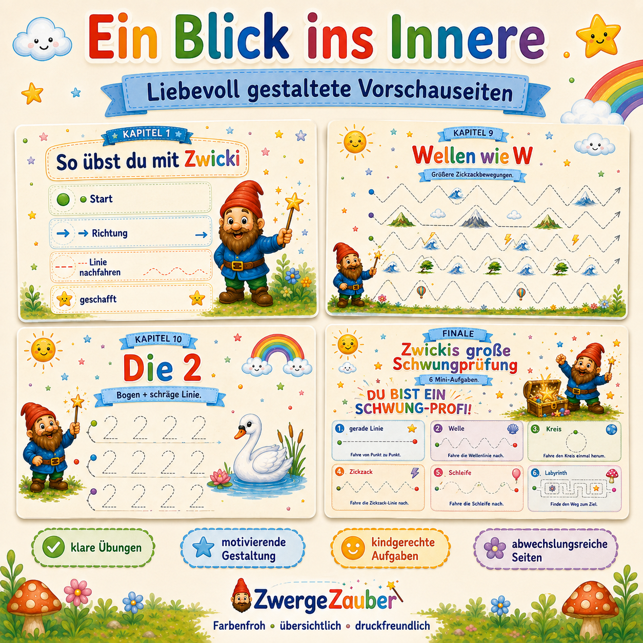 Schreibvorbereitung für Kinder mit Schwungübungen zu Buchstabenbewegungen, Zahlen, Schleifen, Spiralen und Zickzacklinien