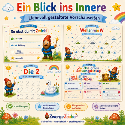 Schreibvorbereitung für Kinder mit Schwungübungen zu Buchstabenbewegungen, Zahlen, Schleifen, Spiralen und Zickzacklinien