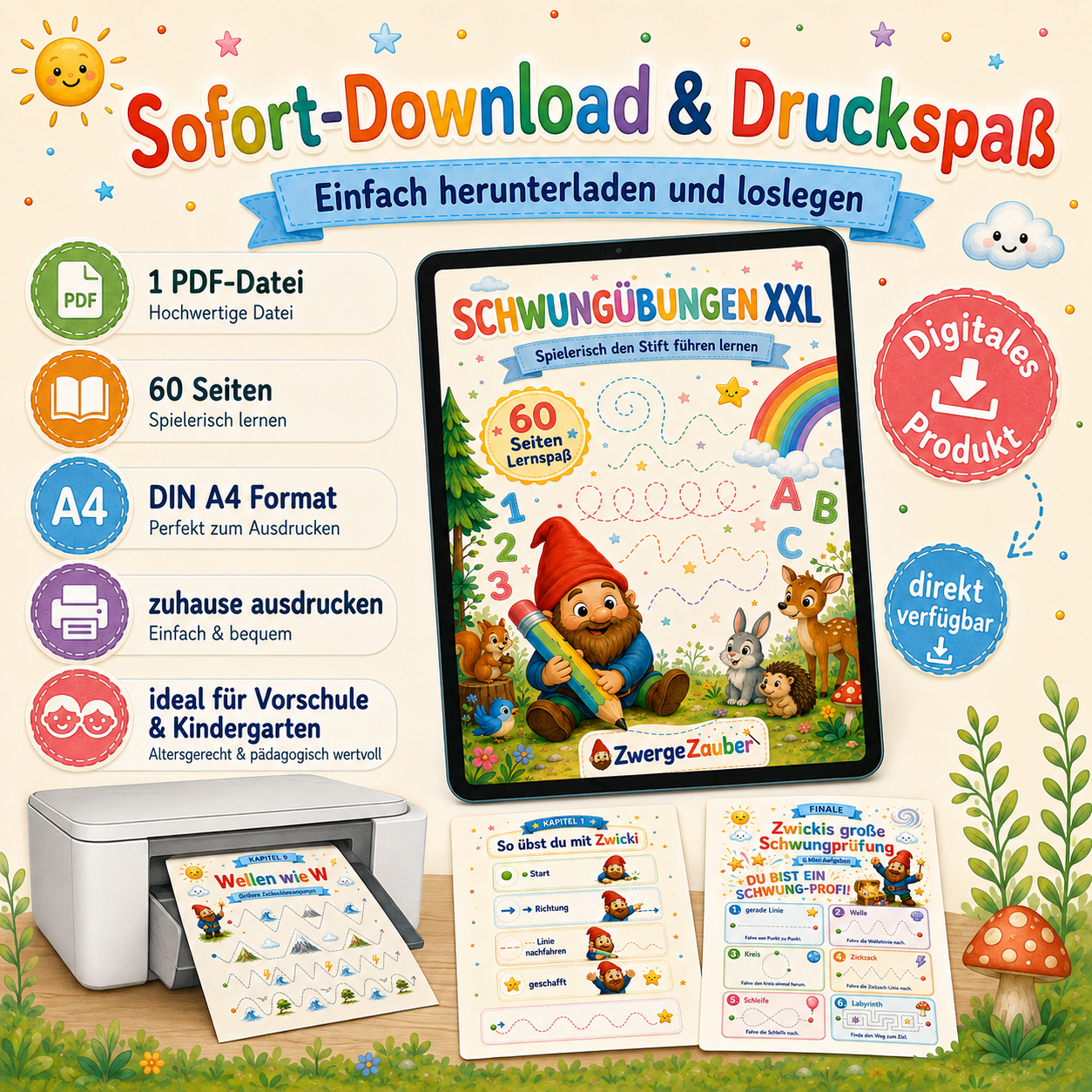 Schwungübungen XXL mit 60 Seiten für Vorschule und Kindergarten mit Zwicki dem Zwerg als PDF Download