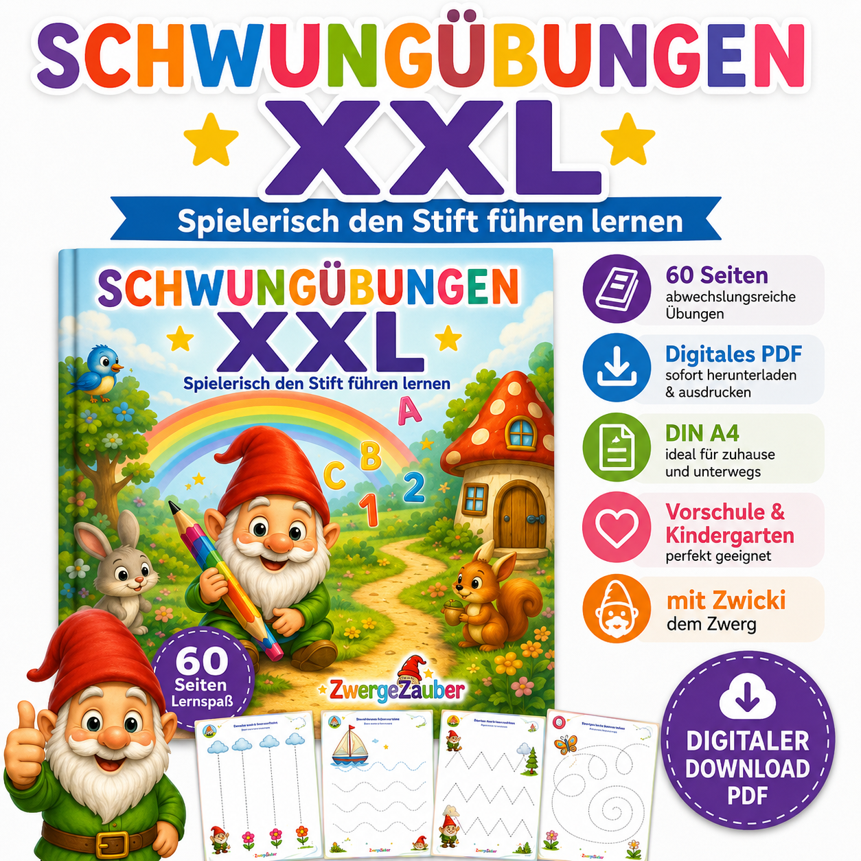 Schwungübungen XXL mit 60 Seiten für Vorschule und Kindergarten mit Zwicki dem Zwerg als PDF Download