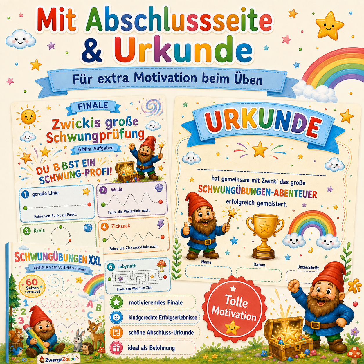 Schwungübungen XXL Komplettset mit 60 druckbaren Seiten, Abschlussprüfung und Schwung-Profi-Urkunde von ZwergeZauber