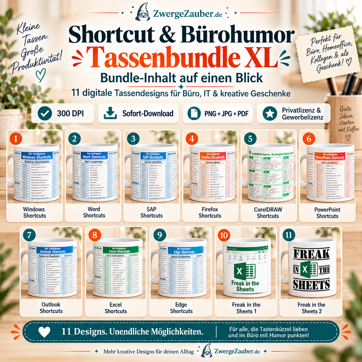 Übersicht aller 11 digitalen Tassendesigns im Shortcuts und Bürohumor Tassenbundle XL von ZwergeZauber.de