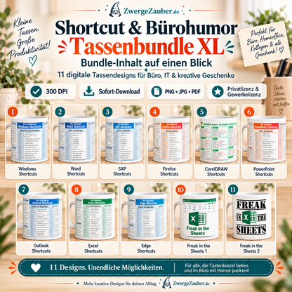 Übersicht aller 11 digitalen Tassendesigns im Shortcuts und Bürohumor Tassenbundle XL von ZwergeZauber.de