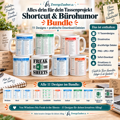 Digitales Tassenbundle XL mit Privatlizenz und Gewerbelizenz für 11 Shortcut- und Bürohumor-Tassendesigns von ZwergeZauber.de