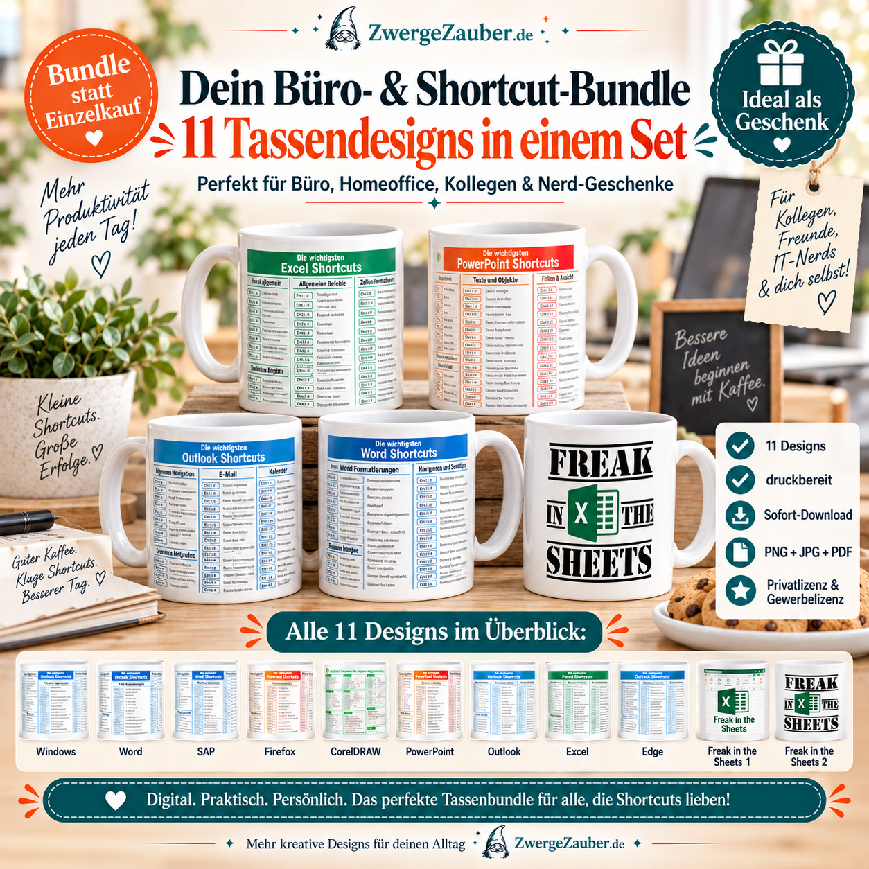 Tassenbundle XL mit 11 Shortcut- und Bürohumor-Designs als PNG, JPG und PDF zum Sofort-Download