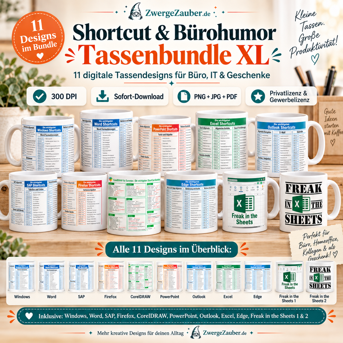 Tassenbundle XL mit 11 digitalen Designs für Windows, Word, SAP, Firefox, CorelDRAW, PowerPoint, Outlook, Excel, Edge und Freak in the Sheets von ZwergeZauber.de