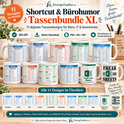 Tassenbundle XL mit 11 digitalen Designs für Windows, Word, SAP, Firefox, CorelDRAW, PowerPoint, Outlook, Excel, Edge und Freak in the Sheets von ZwergeZauber.de