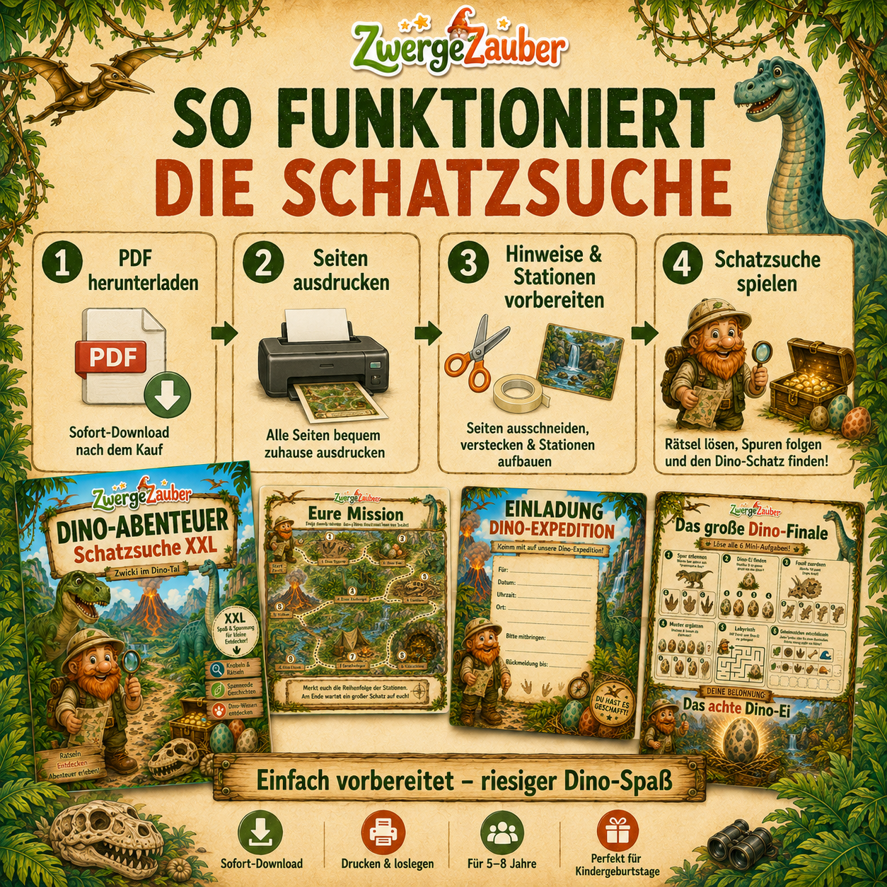 So funktioniert die Dino Schatzsuche als PDF Download mit Vorbereitung, Stationen, Rätseln und großem Finale für Kinder