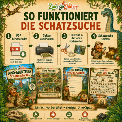 So funktioniert die Dino Schatzsuche als PDF Download mit Vorbereitung, Stationen, Rätseln und großem Finale für Kinder