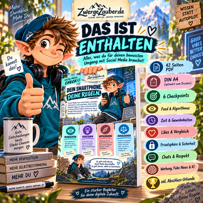 Das ist im Social Media Check enthalten – 42 Seiten zu Algorithmen, Bildschirmzeit, Likes, Datenschutz, Chats, Fake News und KI