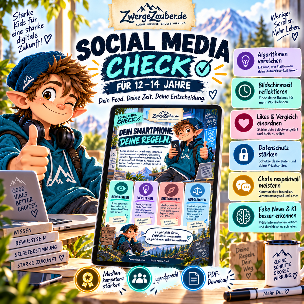 Social Media Check für Jugendliche von 12 bis 14 Jahren – 42-seitiges PDF zur Medienkompetenz mit Zwicki von ZwergeZauber