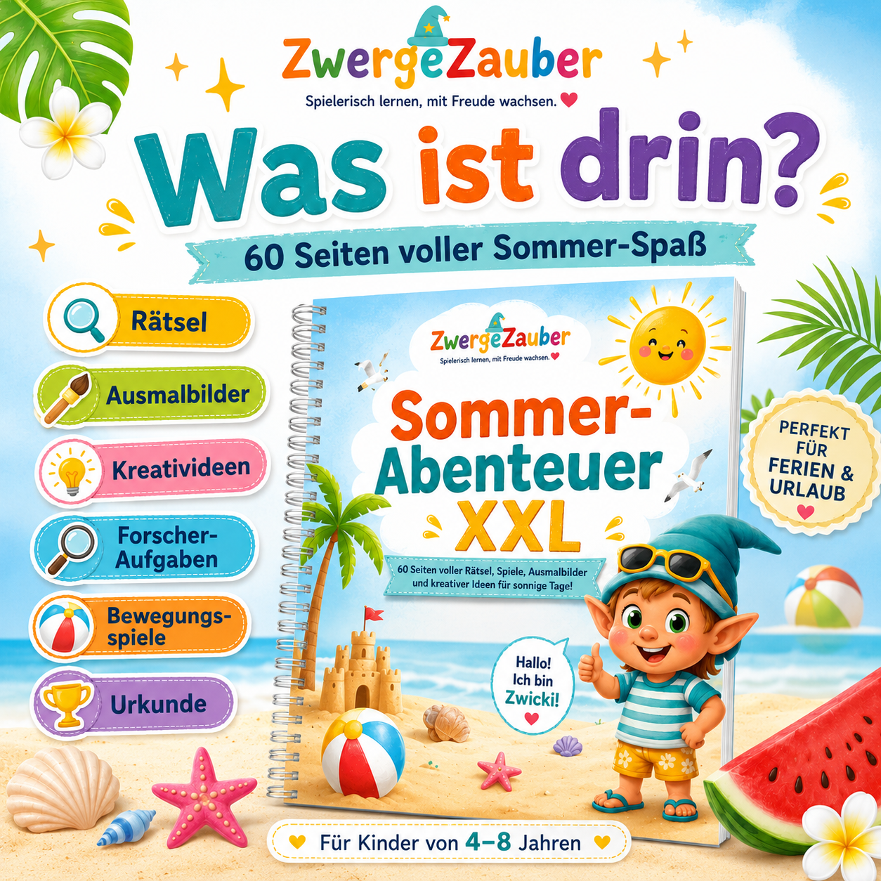 Sommer-Abenteuer XXL mit 60 Seiten voller Rätsel, Ausmalbilder, Kreativideen, Forscher-Aufgaben, Bewegungsspiele und Urkunde