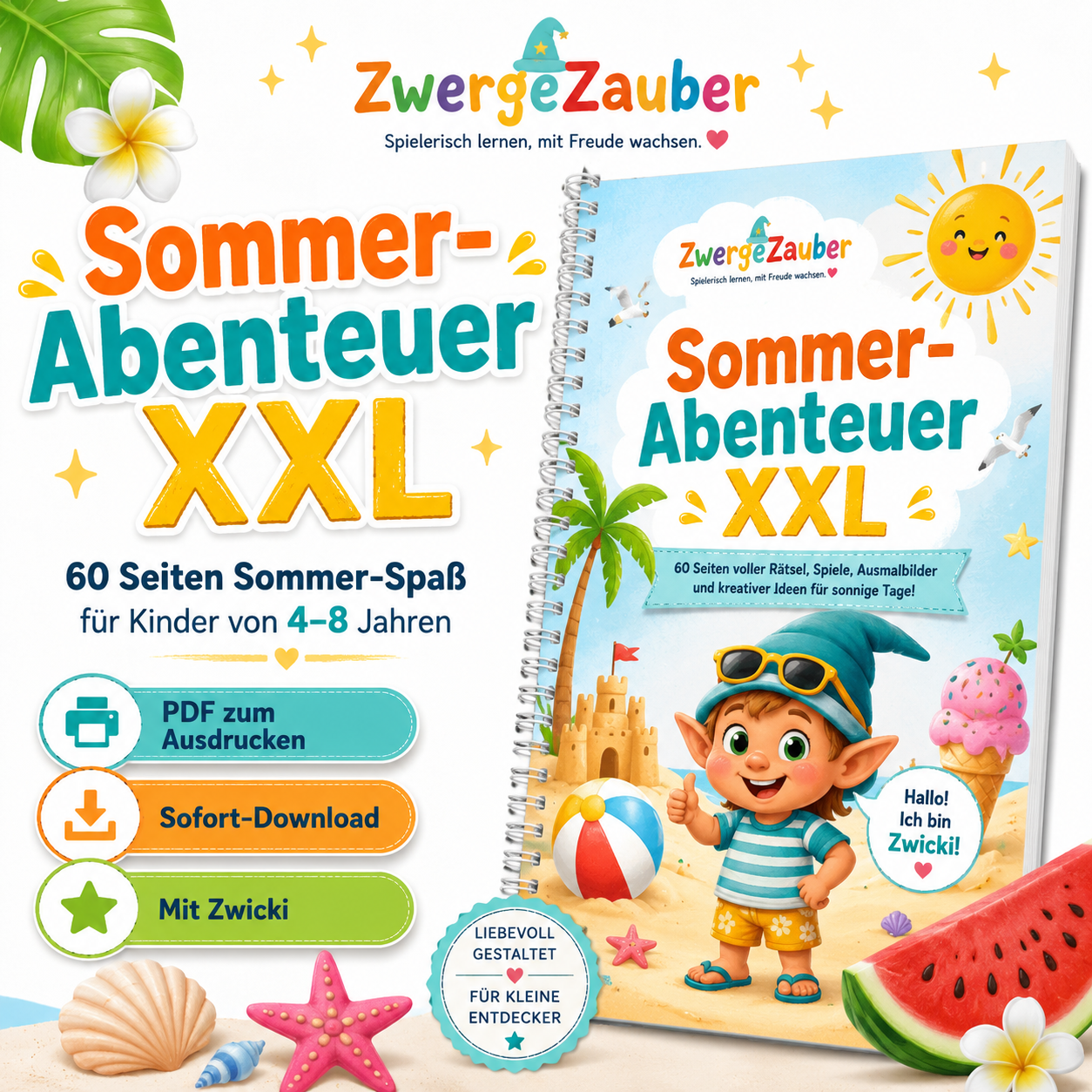 Sommer-Abenteuer XXL von ZwergeZauber – 60 Seiten Sommer-Spaß mit Rätseln, Spielen und Ausmalbildern für Kinder von 4 bis 8 Jahren