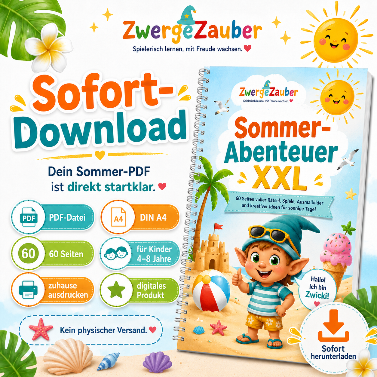 Sommer-Abenteuer XXL als PDF Sofort-Download – 60 DIN-A4-Seiten zum Ausdrucken für Kinder von 4 bis 8 Jahren