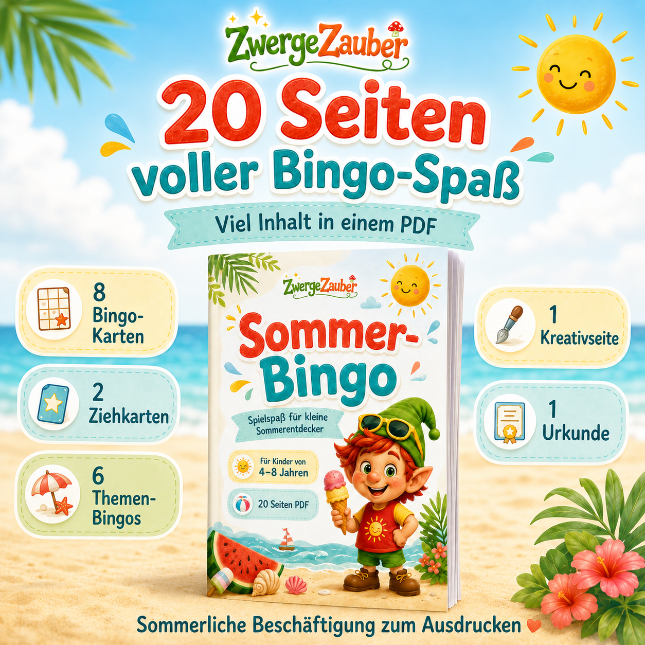 20 Seiten Sommer-Bingo zum Ausdrucken mit Bingo-Karten, Ziehkarten, Themen-Bingos, Kreativseite und Urkunde