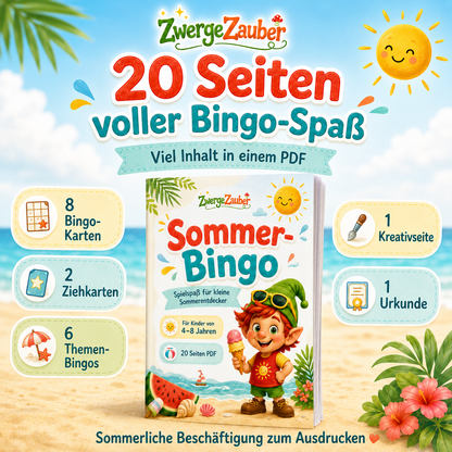 20 Seiten Sommer-Bingo zum Ausdrucken mit Bingo-Karten, Ziehkarten, Themen-Bingos, Kreativseite und Urkunde