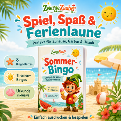 Sommer-Bingo PDF mit 8 Bingo-Karten, Themen-Bingos und Urkunde für Kinder von 4 bis 8 Jahren