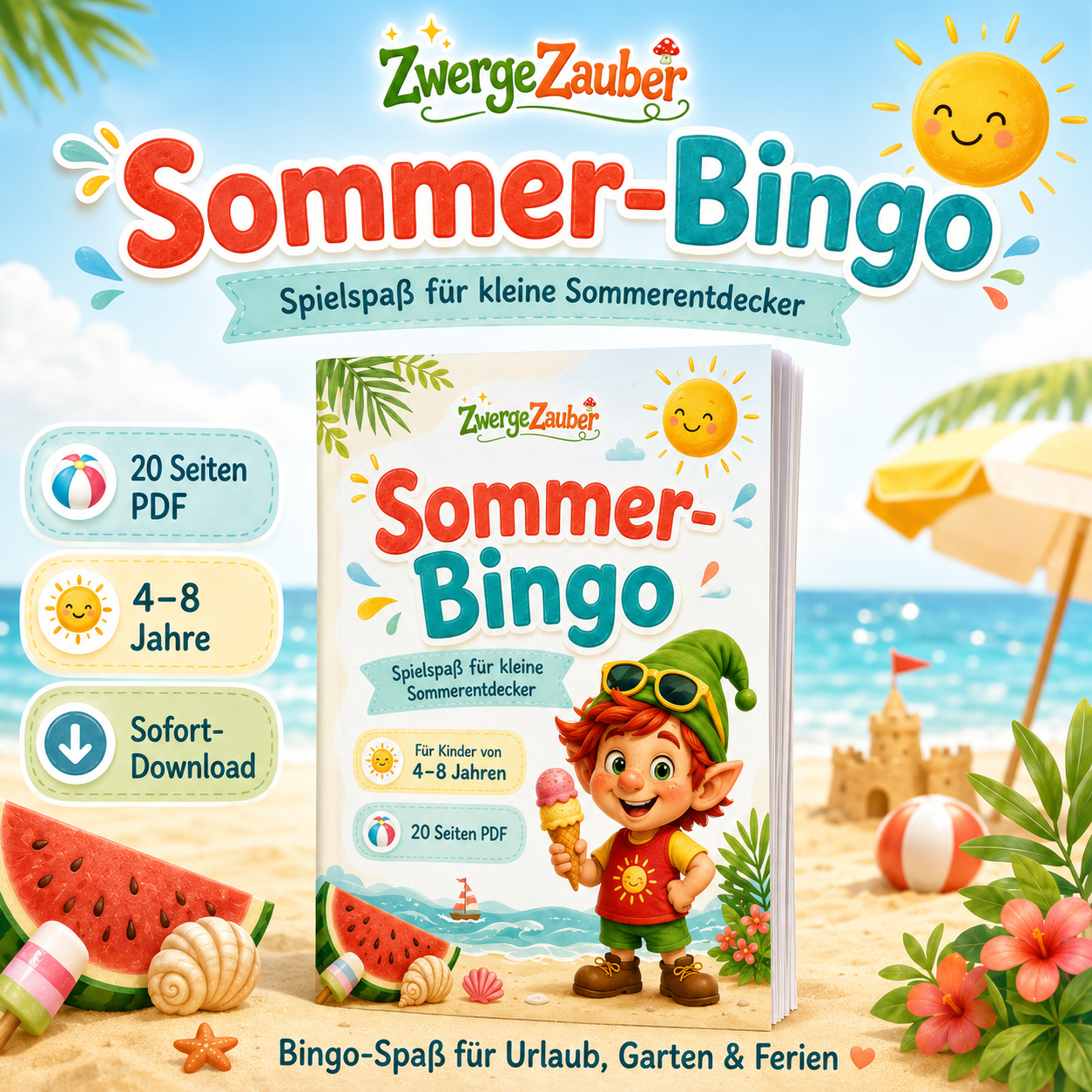 Sommer-Bingo für Kinder von 4 bis 8 Jahren mit 20 Seiten PDF, Zwicki und sommerlichen Bingo-Spielen