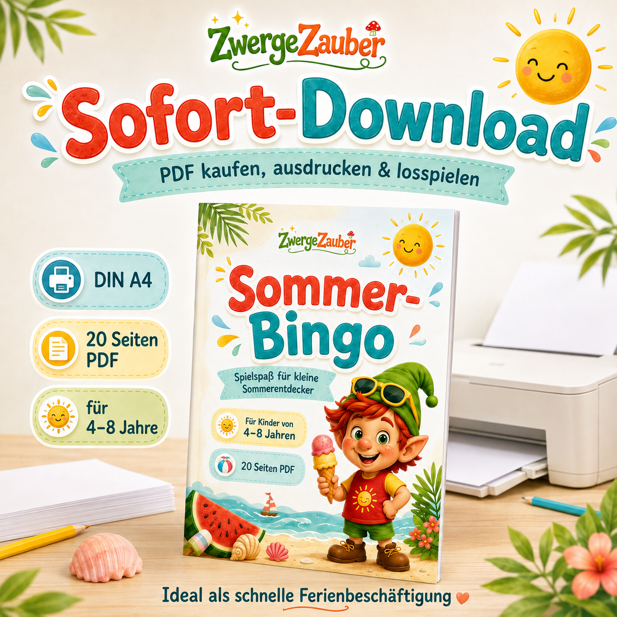 Sommer-Bingo als DIN-A4-PDF zum Sofort-Download, Ausdrucken und Losspielen für Kinder von 4 bis 8 Jahren