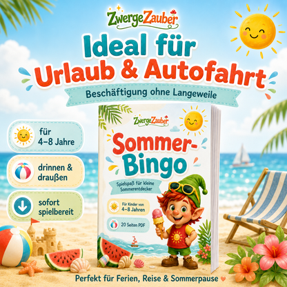 Sommer-Bingo für Urlaub, Autofahrt und Ferien als Beschäftigung für Kinder von 4 bis 8 Jahren