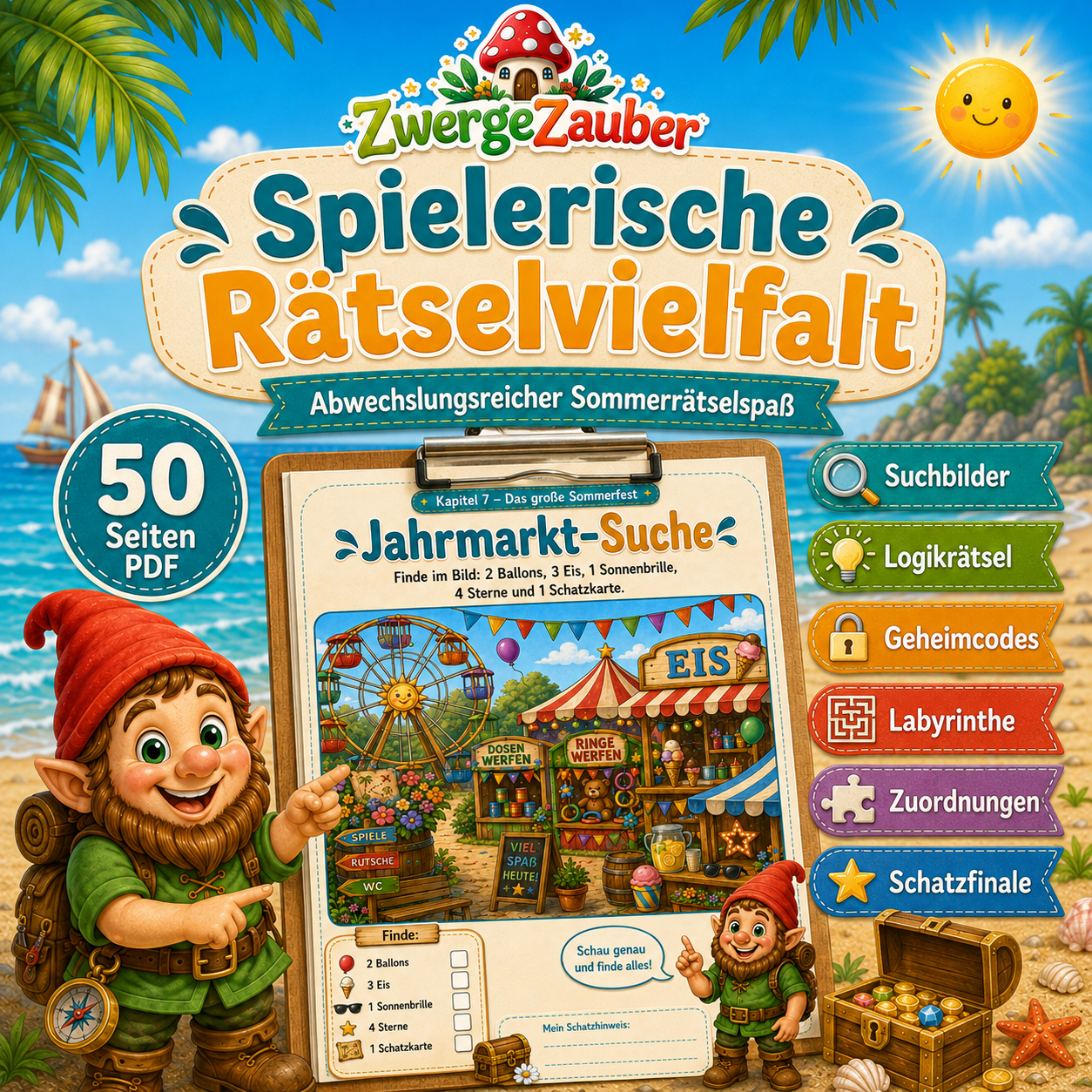 Sommer-Rätselspaß für Kinder mit Suchbildern, Logikrätseln, Geheimcodes, Labyrinthen und Schatzfinale