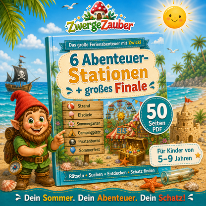 Sommer-Schatzsuche für Kinder mit 6 Abenteuer-Stationen, großem Finale und 50 Seiten zum Ausdrucken