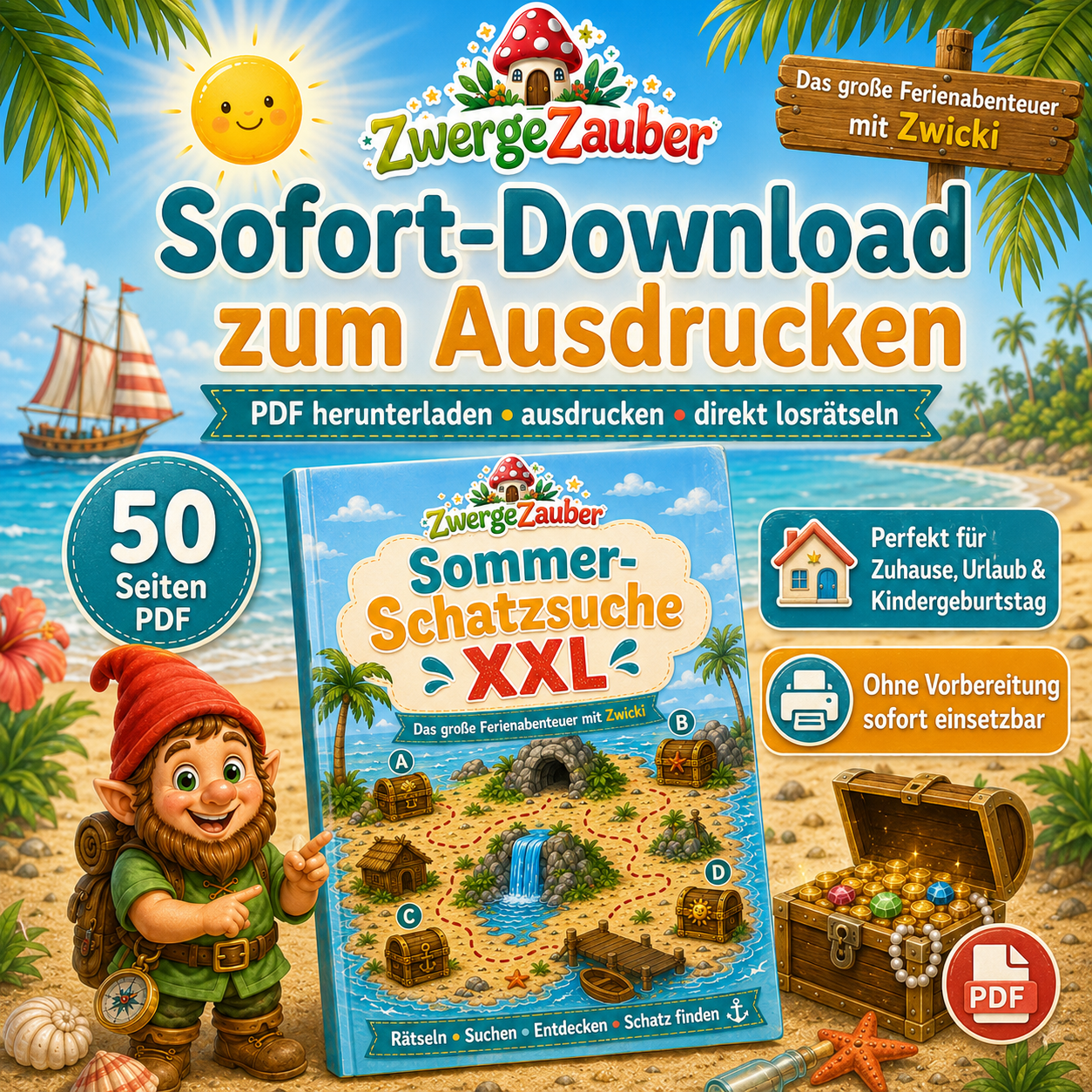 Sommer-Schatzsuche als PDF Sofort-Download mit 50 Seiten zum Ausdrucken für Ferien, Urlaub und Kindergeburtstag