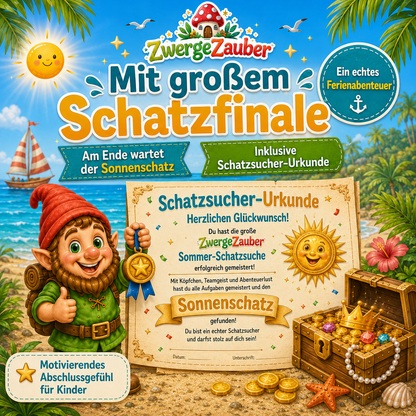 Großes Schatzfinale der Sommer-Schatzsuche mit Sonnenschatz und Schatzsucher-Urkunde für Kinder