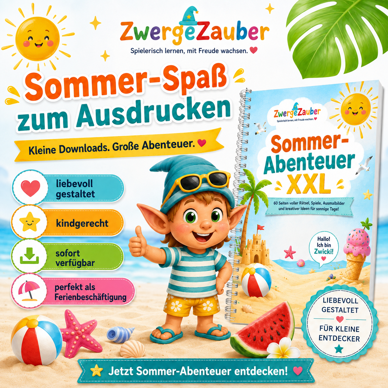 Sommer-Spaß zum Ausdrucken von ZwergeZauber – liebevoll gestaltete Ferienbeschäftigung mit Zwicki für Kinder von 4 bis 8 Jahren