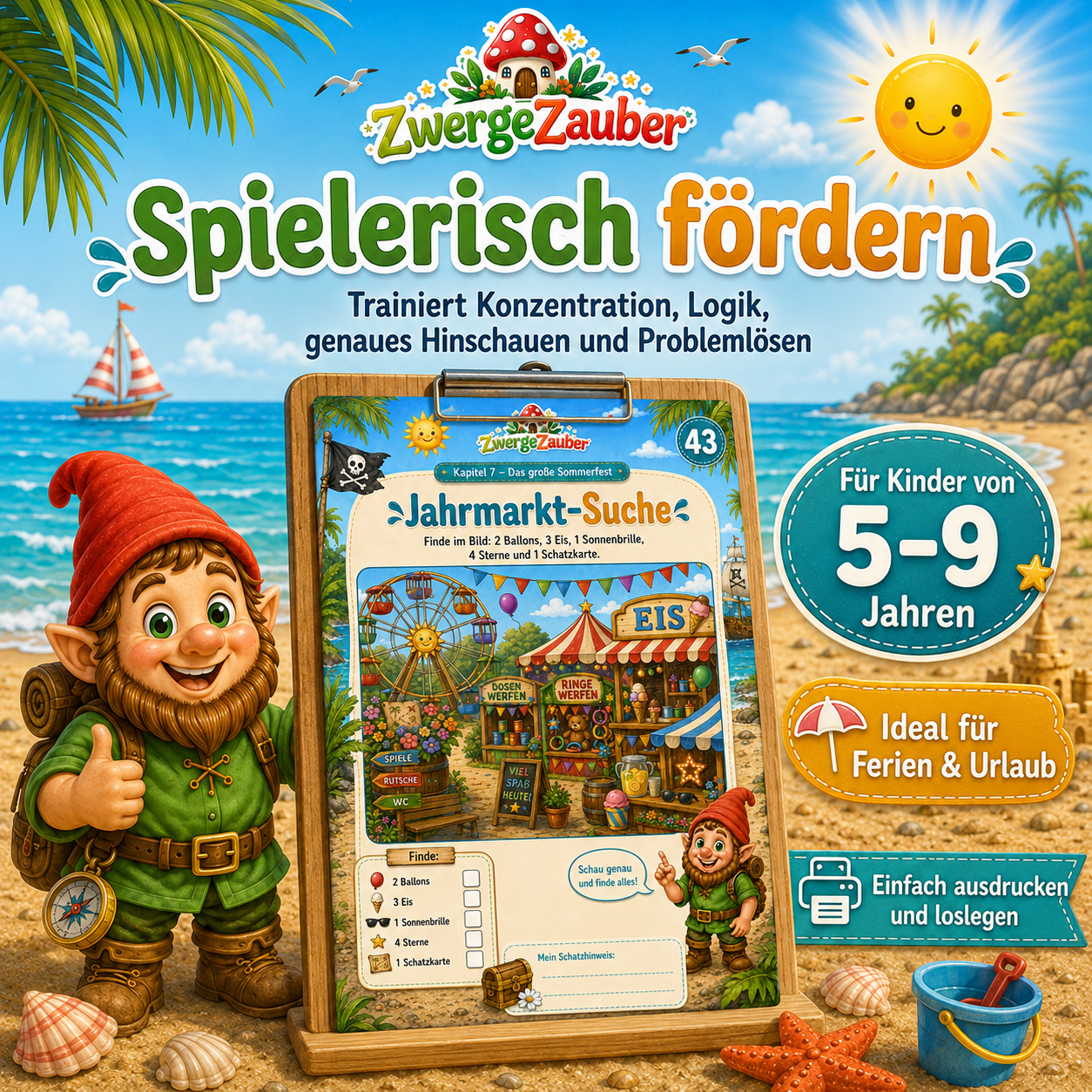 Spielerisch Konzentration, Logik und genaues Hinschauen fördern mit der Sommer-Schatzsuche für 5–9 Jahre