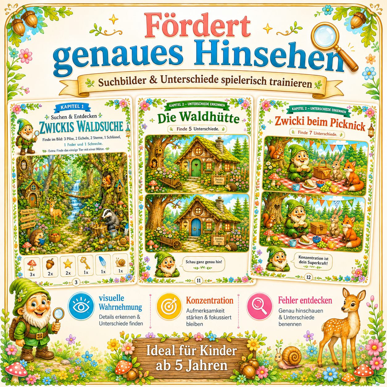 Suchbilder und Unterschiede für Kinder als PDF zum Ausdrucken zur Förderung von Konzentration, Aufmerksamkeit und visueller Wahrnehmung.