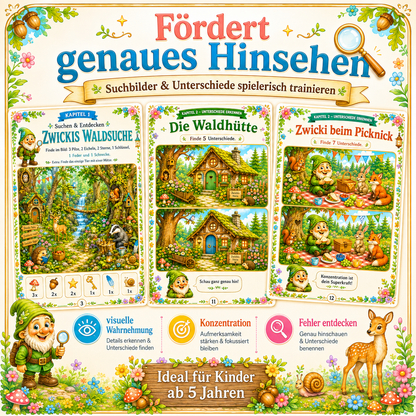 Suchbilder und Unterschiede für Kinder als PDF zum Ausdrucken zur Förderung von Konzentration, Aufmerksamkeit und visueller Wahrnehmung.
