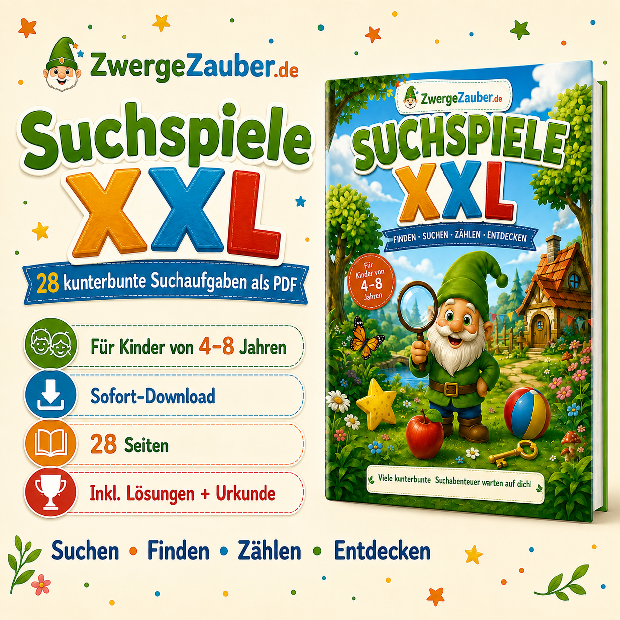 Suchspiele XXL für Kinder von 4 bis 8 Jahren als PDF mit 28 Seiten, Lösungen und Urkunde von ZwergeZauber