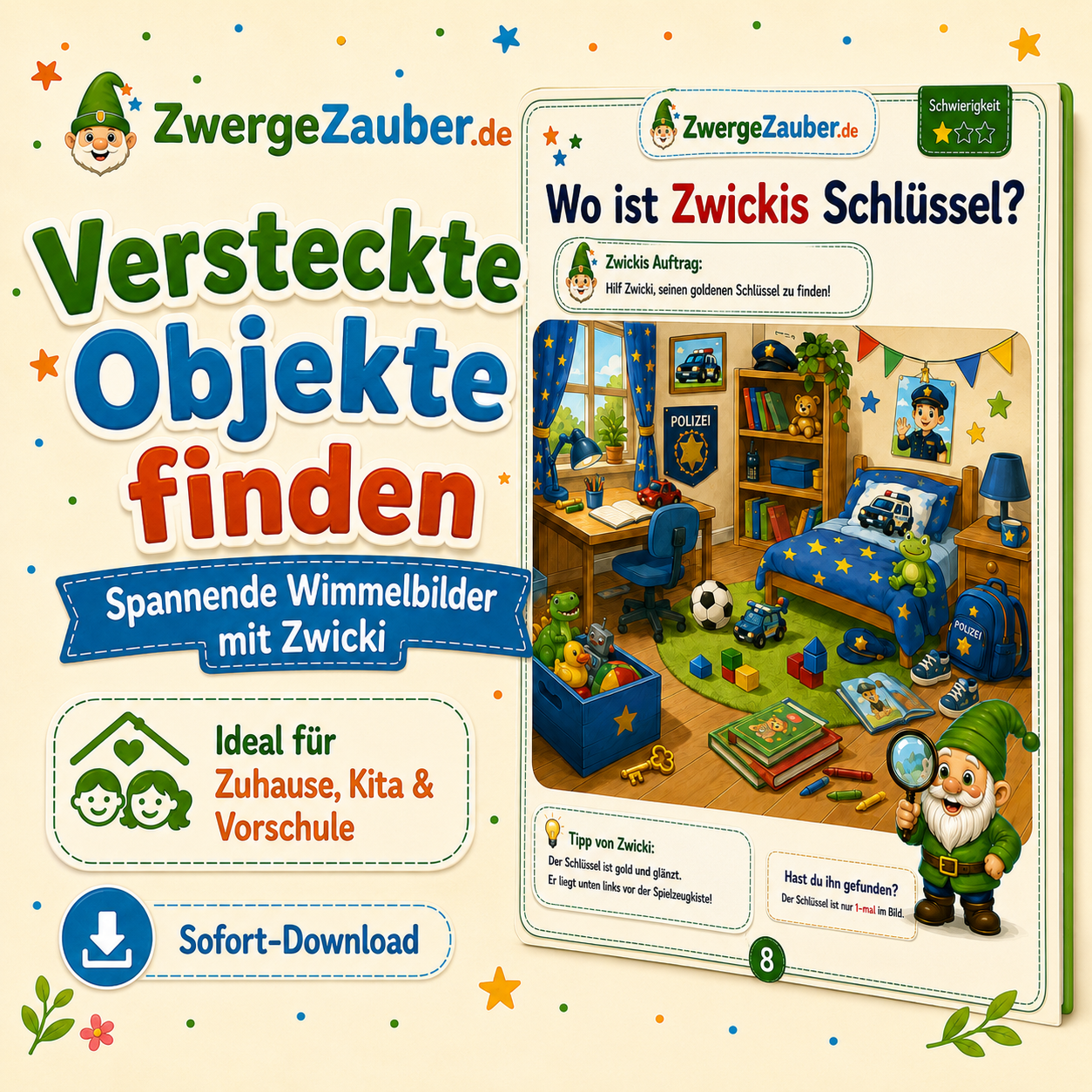 Suchspiele XXL mit versteckten Objekten und spannenden Wimmelbildern mit Zwicki für Kinder