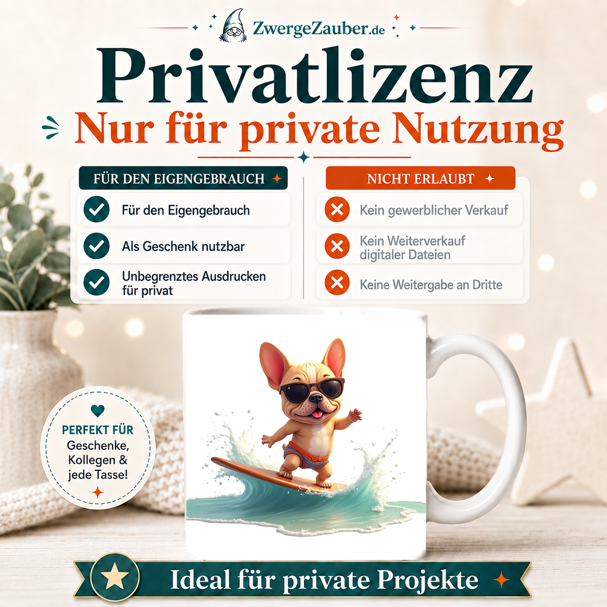 ZwergeZauber Tassendesign Surfender Hund mit Sonnenbrille  – Verkaufsbild 3