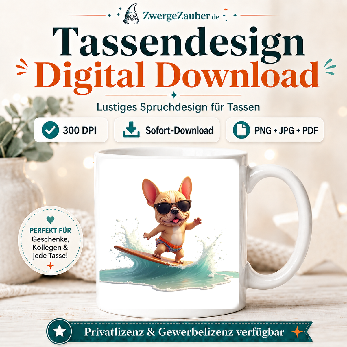 ZwergeZauber Tassendesign Surfender Hund mit Sonnenbrille  – Verkaufsbild 1