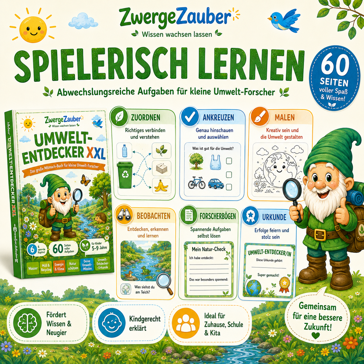 Spielerische Umweltaufgaben für Kinder mit Zuordnen, Ankreuzen, Malen, Beobachten, Forscherbogen und Umwelt-Entdecker-Urkunde