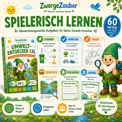 Spielerische Umweltaufgaben für Kinder mit Zuordnen, Ankreuzen, Malen, Beobachten, Forscherbogen und Umwelt-Entdecker-Urkunde