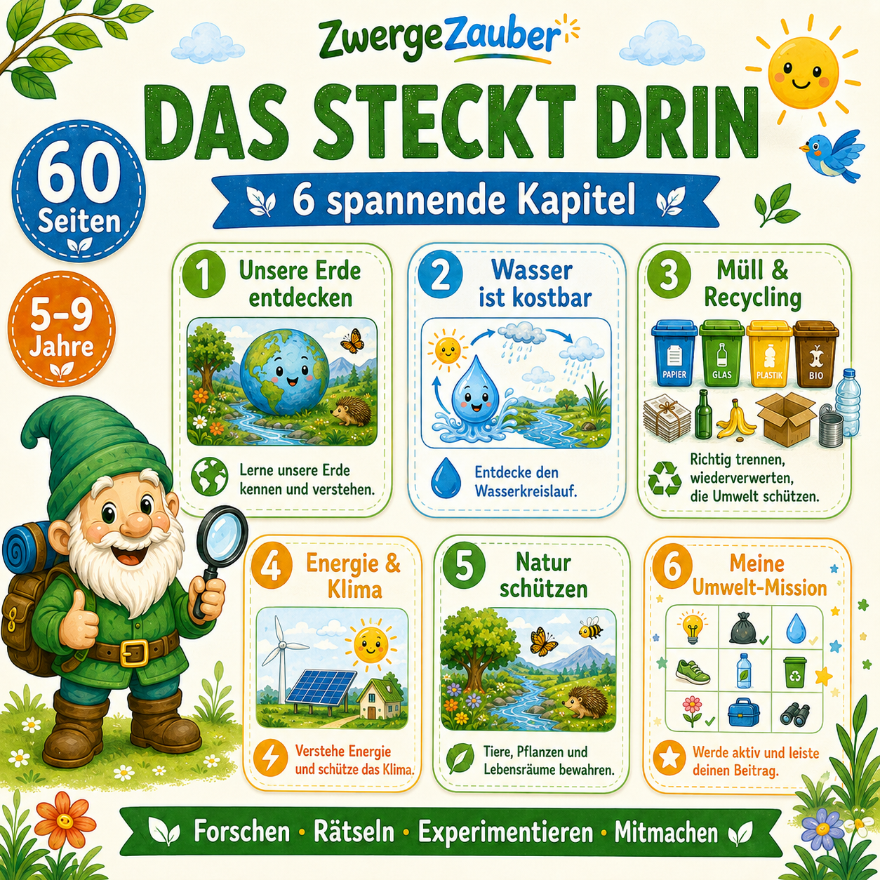 Übersicht der 6 Kapitel im Umwelt-Entdecker XXL zu Erde, Wasser, Recycling, Energie, Klima, Naturschutz und Umwelt-Missionen