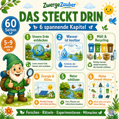 Übersicht der 6 Kapitel im Umwelt-Entdecker XXL zu Erde, Wasser, Recycling, Energie, Klima, Naturschutz und Umwelt-Missionen
